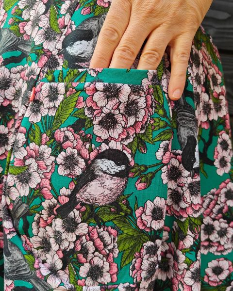Cherry blossoms and chickadees - petrol - Bio-Jersey