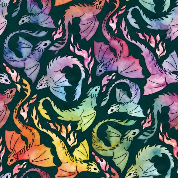 Dragons and Rainbows - petrol - Bio-Sommersweat - 0,70 m RESTSTÜCK