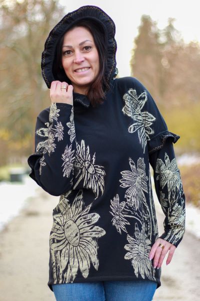 Blomma - schwarz / champagner Glitzer Metallicprint - Bio-Sweat angeraut - 1,60 m RESTSTÜCK