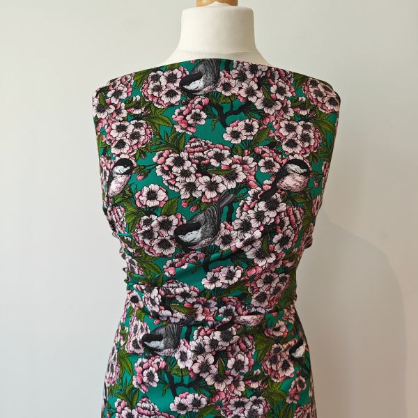 Cherry blossoms and chickadees - petrol - Bio-Jersey