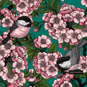 Cherry blossoms and chickadees - petrol - Bio-Jersey